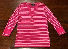 Ralph Lauren Pink White Striped Women's Large Button V Neck Ribbed Sweater Shirt