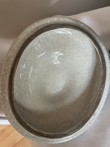 Vintage Castilian Blue & White Porcelain Footed Bowl With Lid Handles Bronze - Bild 7 von 10