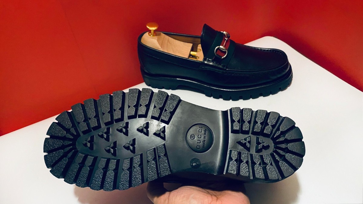 $1189.00 !! GUCCI MEN BLK HEAVY LUG SOLE BITS SHOES LOAFERS