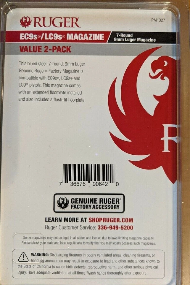 Cargador redondo RUGER LC9 LC9S EC9S 9 mm 7 OEM 7rd Mag 90642 valor paquete de 2 - NUEVO Foto 2 de 4