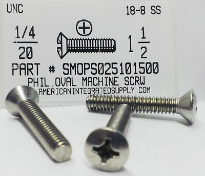 1/4-20x1-1/2 Oval Head Phillips Machine Screws Stainless Steel (10)