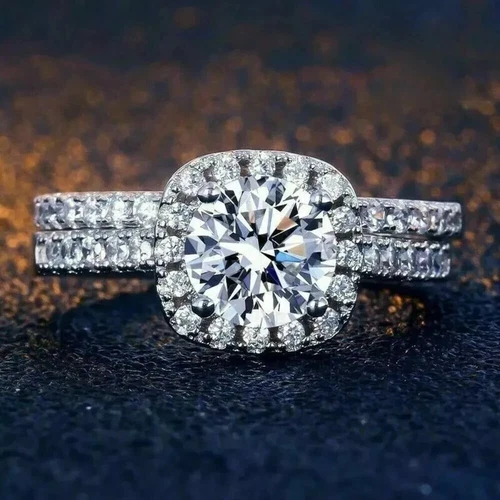 Bridal Set Moissanite Engagement Ring 14k White Gold Over 2.50 CT Round Cut - Picture 1 of 5
