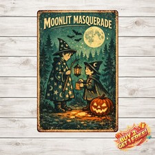 Halloween Witch and Pumpkin Retro Metal Tin Wall Sign 12x8