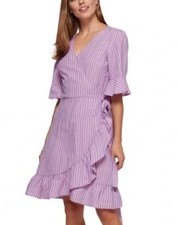 Gap Linen Blend Ruffle Wrap Dress Pink Purple Stripe Women’s Size Medium