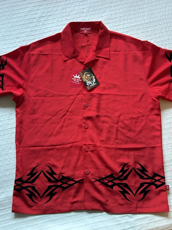 Camisa de mezclilla vintage Y2K Jnco roja negra tribal abotonada talla XL DE COLECCIÓN camiseta de poliéster Foto 3 de 4