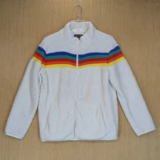 Greater Good White Fleece Zip Up Jacket Rainbow Stripe Sherpa Cozy Womens Medium