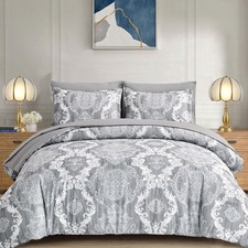 Grey Comforter Set King Size, Damask Texture 7 Pieces Gray Bed in a Bag Micro...