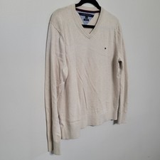 Tommy Hilfiger Men  s Sweater Large Beige V-Neck Cotton Pullover Classic Logo EUC