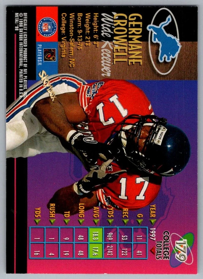 1998 Metal Universe Germane Crowell Rookie Detroit Lions #179 - Image 2 of 2