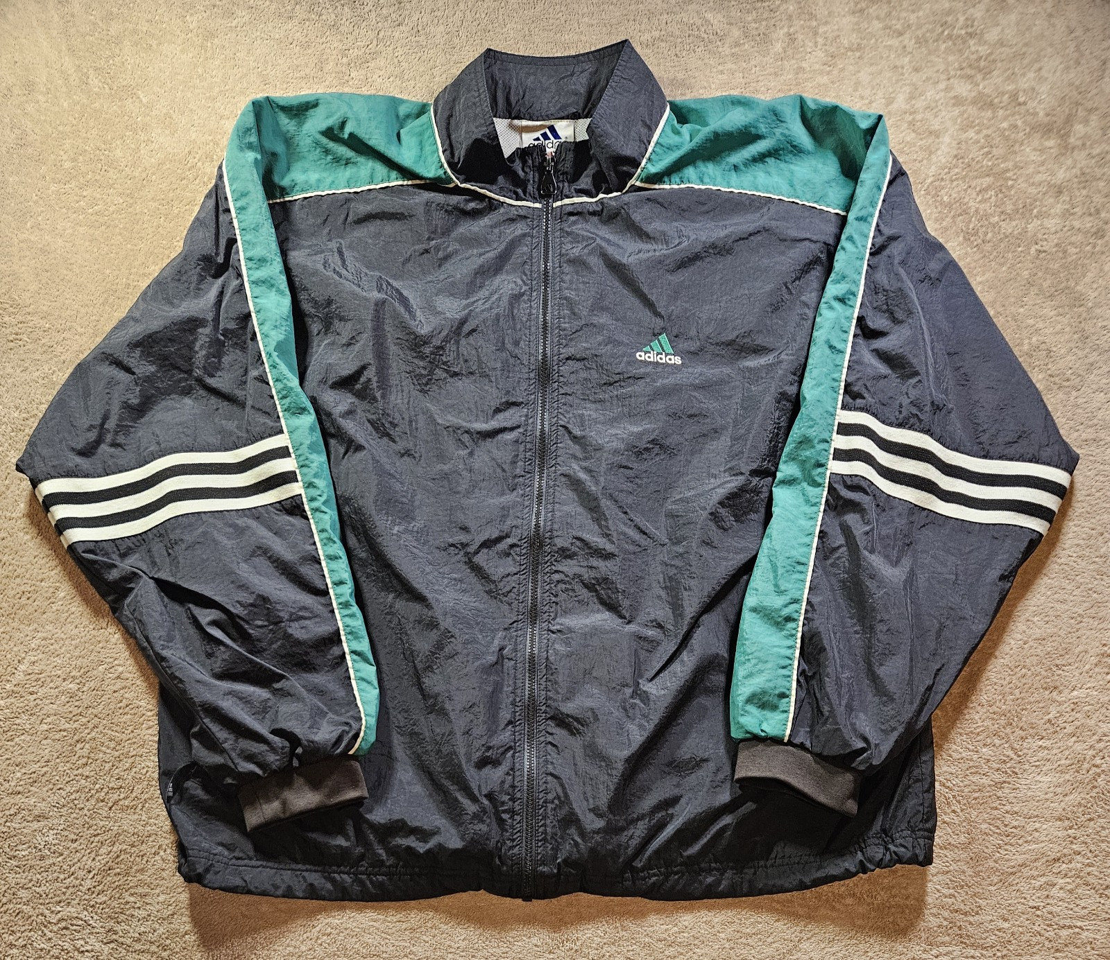 Adidas Y2K Green Black Full Zip Windbreaker Size XL Colorblock Lined Streetwear