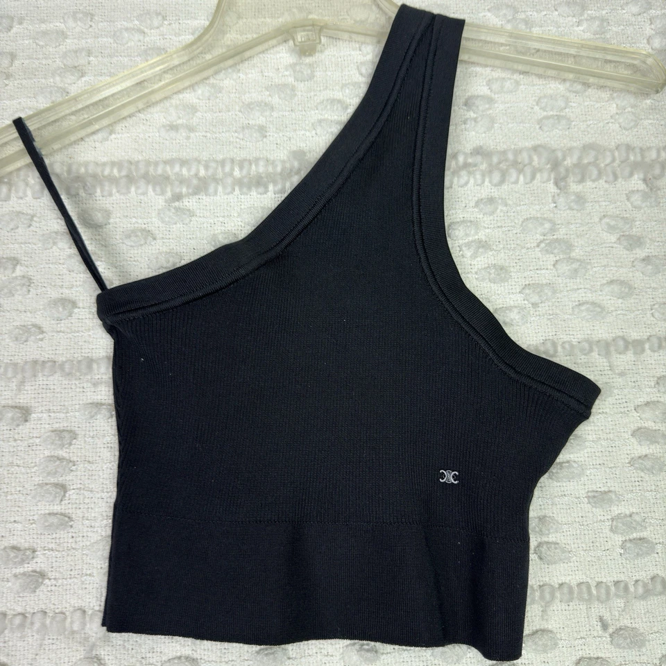 全新带标签 Celine 女式 L 码黑色丝绸混纺单肩作物上衣底衬 — 第 4/4 张图片