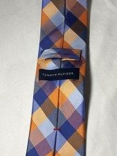Tommy Hilfiger Men  s Designer Plaid  Check Tie Blue Orange Gray Logo