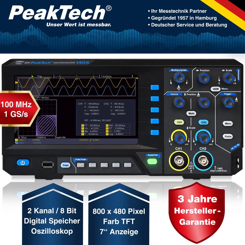 PeakTech P 1404 – 100MHz Digital Speicher Oszilloskop 2CH 1GS/s DSO TFT USB - Bild 2 von 4