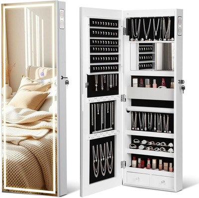 LED Mirror Jewelry Cabinet with Bluetooth Speaker ，Door/Wall Mounted,Equipped wi