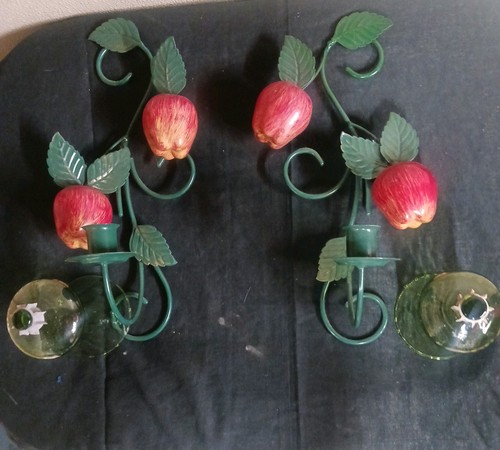 2 Vtg Home Interior Metal Wall Sconce Apple Candle Holders w/ Glass Votive Cups - Bild 5 von 15