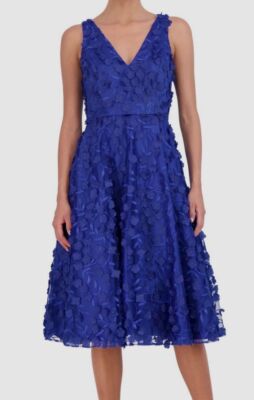 Eliza J Women's Blue 3D-Floral Fit & Flare Midi Dress Size 4