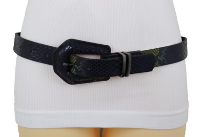 Women Black Blue Waistband Pant Jeans Loop Belt Faux Snakeskin Animal Print S M