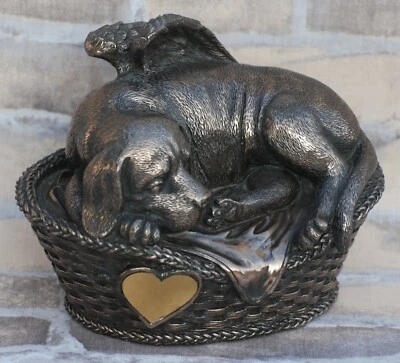 Hunde Urne bronziert als Hunde-Engelfigur und Gravurplatte, Tierurne - Bild 1 von 2