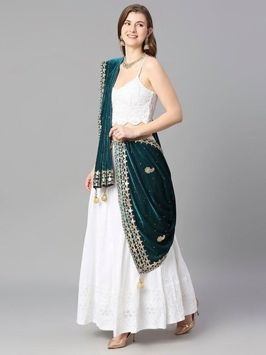 Teal Green & Gold Ethnic Dupatta Embroidered Gotta Patti Heavy Work Velvet Scarf - Picture 2 of 5
