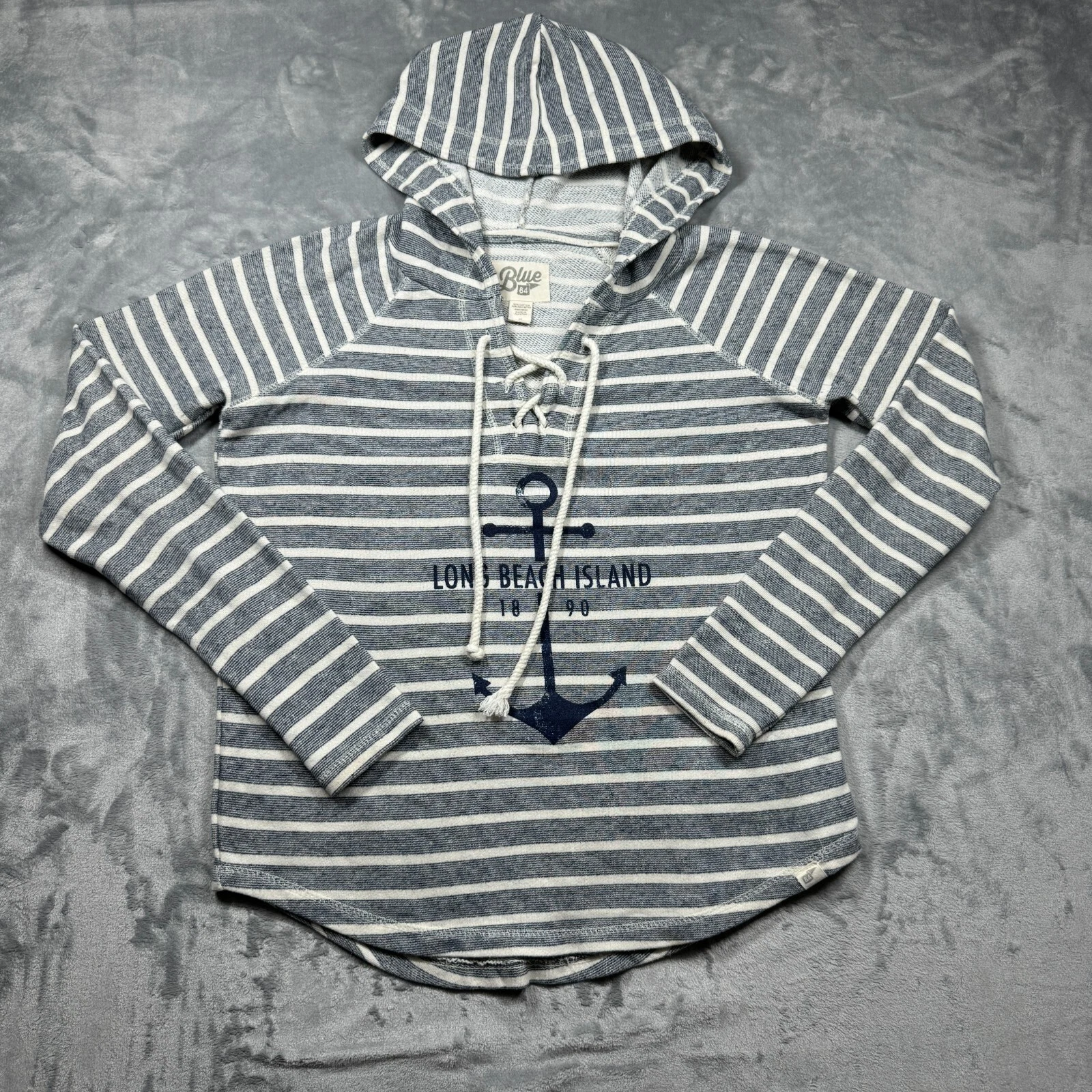Blue 84 Long Beach Island Women Striped Terry Pullover Size M Front Lace Hoodie