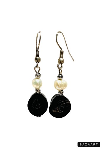 Vintage Freshwater Baroque Pearl & Black Shell Earrings Handmade Drop Dangle - Picture 5 of 24