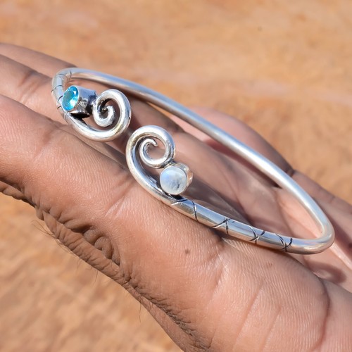 Brazalete de plata de ley 925 con topacio azul y piedras lunares regalo por amor - Imagen 5 de 7