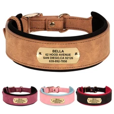 Wide Leather Personalized Dog Collar Soft Padded for Large Dogs Custom Name M-XL