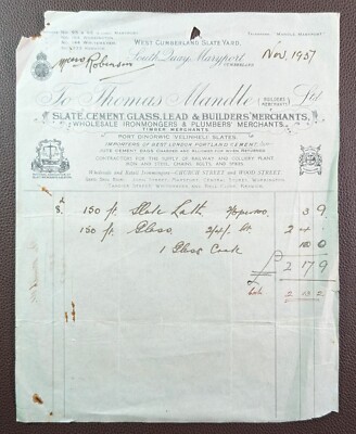 1937 Thomas Mandle, Slate Cement & Builders Merchant South Quay Maryport Rechnung