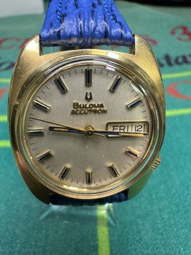 VTG 1970's Mens Bulova Accutron 2182 Watch Day/Date 18k GF Blue Indices RARE!! - Picture 14 of 15