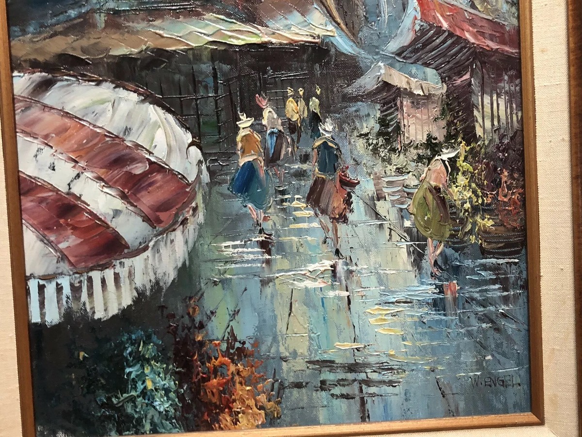 Vtg Artist signed W Engel Original Oil Painting CITYSCAPE
