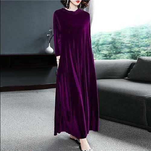 M-4Xl Ladies Velvet Dress Round Neck Long Sleeve Casual Loose Maxi Gown Oversize - Picture 1 of 14