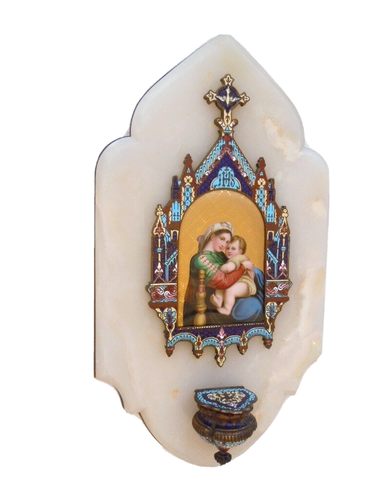 Benitier emaux cloisonne miniature Vierge Enfant Jesus Madone 19ème - Bild 12 von 12