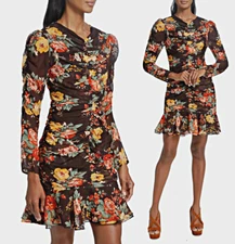 Veronica Beard Hedera Silk Black Floral Ruched Sheath Mini Dress sz 2 $648