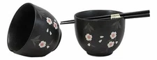 Japanese White Anemone Flowers Black Ramen Noodles Bowls And Chopsticks Set of 2