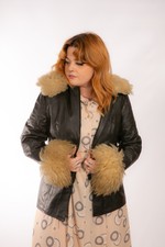 70s Vintage Black Leather Sheepskin Collar Tarantella Afghan Penny Lane Coat