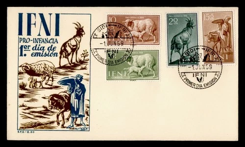 DR WHO 1959 SPANISH IFNI FDC ANIMAL SEMI POST PRO INFANCIA COMBO M76547