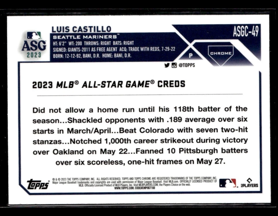 Luis Castillo 2023 Topps Chrome Update 2023 All-Star Game #ASGC-49 Mariners - Image 2 of 2