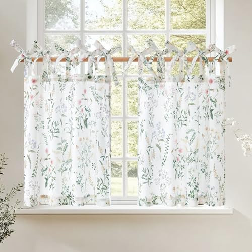 Linen Kitchen Curtains Floral Printed Tier Curtains 24 Inch Length Farmhouse - Bild 1 von 7