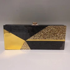 EDIE PARKER x BOBBI BROWN Black And Gold Glitzy Acrylic Lucite Clutch