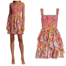 NEW Alice + Olivia Jocelyn Dress Garden Floral Pink Colorful Smocked Ruffle 10