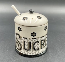 Anthropologie Bistro Tile Stoneware Sugar Bowl Pot 3 Pcs Set Decaled New In Box