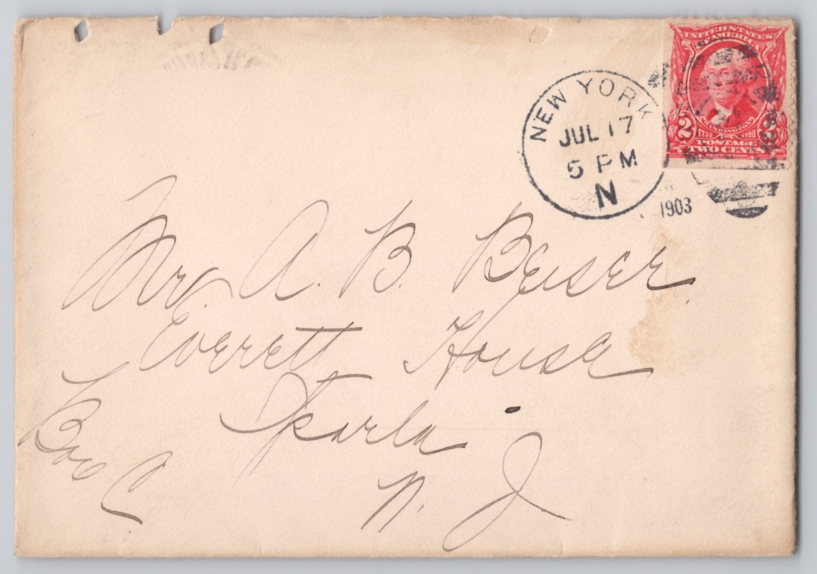 New York, NY Un cover with 2c Washington stamp, mailed 1903 Postal History