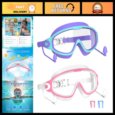 Kids Swim Goggles with Earplugs - Anti-Fog UV Protection, Large Frame, 2PCS