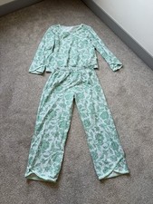 Garnet Hill Asian Wrap Green Floral Pajama Set Top And Pants Size Large