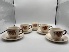 Metlox Poppytrail Woodland Gold Lot Of 5 Cup/Saucer Sets Vintage