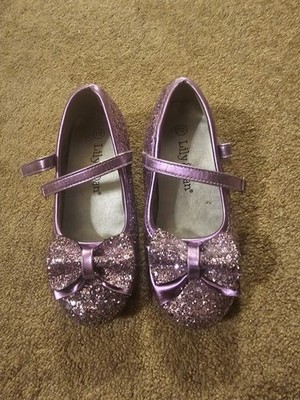 Lily & Dan Girls Purple Glitter Bow Mary Jane Flats Round Toe Straps US 10