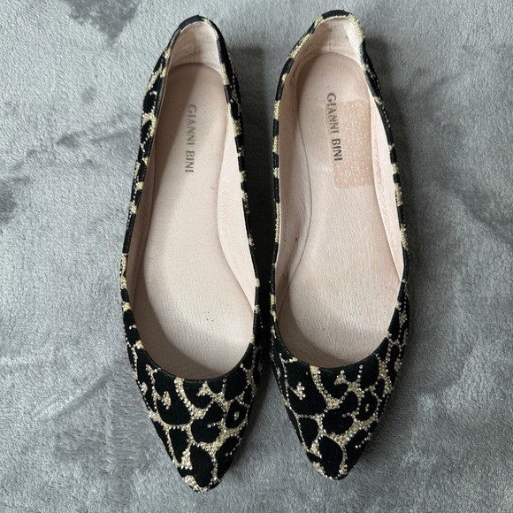 Gianni Bini Womens Flats 8.5M Black Gold Rhinestone Animal Print Pointed Toe