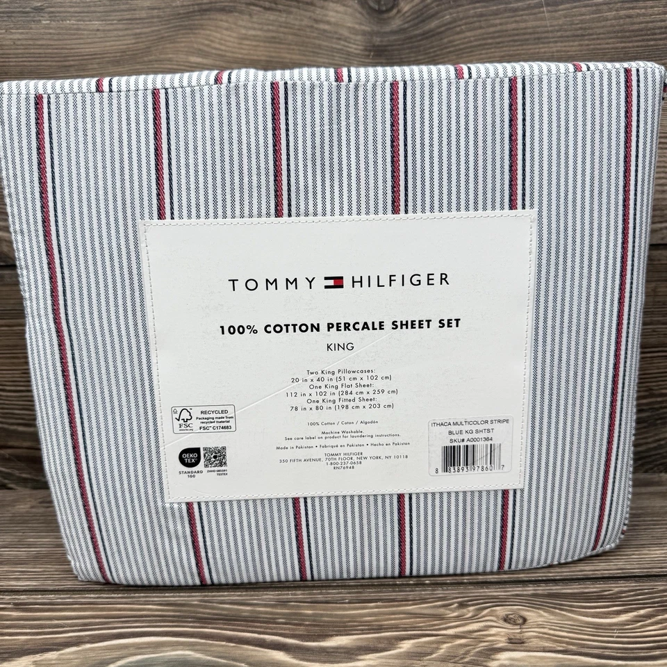 Tommy Hilfiger Juego de Sábanas Rey Rayas Ítaca 100% Algodón Blanco Azul Rojo NUEVO Foto 3 de 4