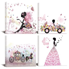 4pcs Pink Canvas Wall Art Fairy Girl Flying Butterflies Canvas Prints Stretch...