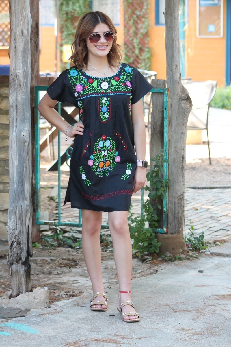 black mexican dress Handmade Embroidered Dress: Boho Peasant Style Striking floral Embroidery Buy Mexican Crochet One Shoulder